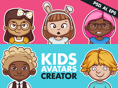 Kids Avatars Creator avatar avatars character child children creation creator face generator illustration kids kit mascot portrait vector