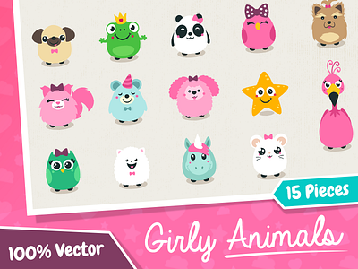 Vector Girly Animals animals cartoon childish creativemarket cute fluffy forsale girlish puppy sweet vector