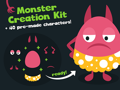 Monster Creation Kit with 40 Pre-made Characters avatar cartoon character creation creator creature kit mascot monster vector