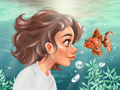 Girl and her fish 2d art cartoon fish illustration ronas it weekly warm up