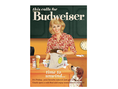 This calls for a Budweiser advertising advertisment beer beverage budweiser campaign commercial art food illustration magazine ad national print retro vintage