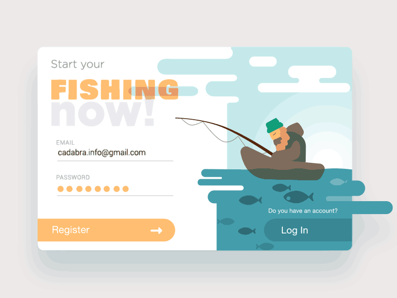 Fishing Time! concept web card animation register page motion design gif flat fishing log in illustration ui