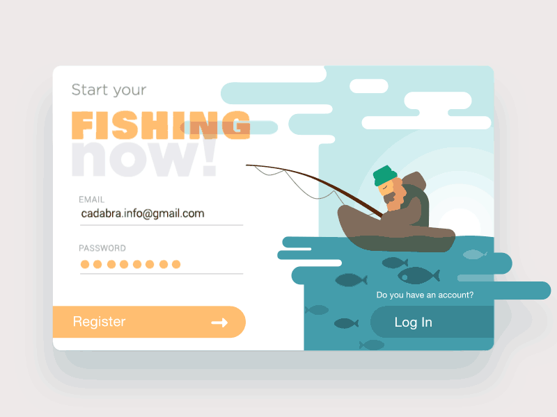 Fishing Time! animation card concept fishing flat gif illustration log in motion design register page ui web