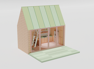 Tiny house 3d atic blender cabin design house illustration isometric kitchen ladscape low poly render room town