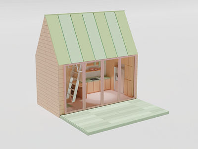 Tiny house 3d atic blender cabin design house illustration isometric kitchen ladscape low poly render room town