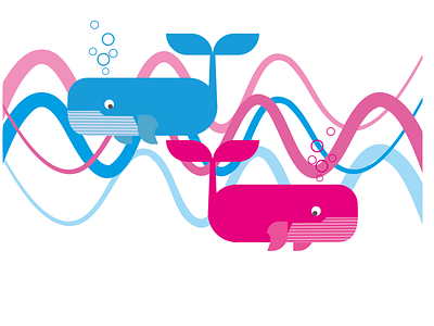 Whales blue branding design flat illustration illustrator pink waves whales