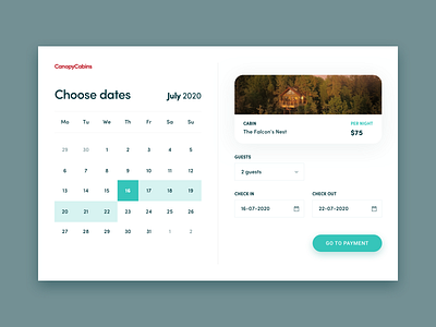 Treetop Cabin Rental UI / UX Concept Design - Date Picker airbnb app cabins concept design graphic design hotel hotel booking interface landingpage rental ui uiux userexperience userinterface ux web website website design widget