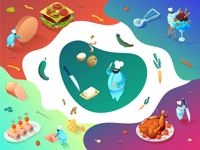 Cooking 3d art cartoon chef color colorful concept cooking design illustration isometric knief meat process vector vegetables