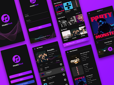 Music Beat - Dark Theme App app application clean design clean ui dark dark app dark mode dark theme dark ui design minimalism mobile mobile app mobile ui music music app photography ui uiux ux