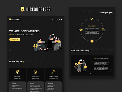 Website redesign for HIREQUARTERS 🖋👑 black clean design content copywriting dark dark ui darkmode darkwebsite design homepage illustration search engine optimization ui uiux ux web design webdesign website website design