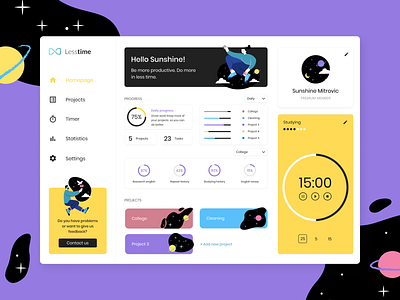 Dashboard for Lesstime application ⏳🌌 app application clean design clean ui dashboad dashboard app dashboard ui design desktop desktop app illustration minimalism productivity space statistics ui uiux universe ux