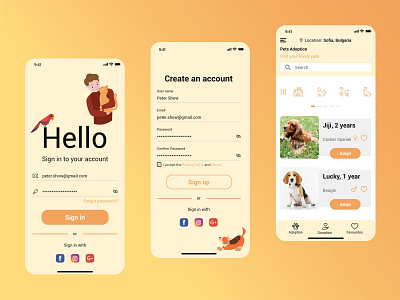 Pet Lovers mobile app part 2 adoption animals design love lovers pet sign in sign in form sign in screen sign up sign up form sign up screen ui ui design ux ux design web design