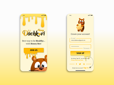 Dachkovi honey app - Sign up form app bear design honey honey bee join us sign in sign in ui sign up sign up form sign up page sign up screen sign up ui ui design ux design