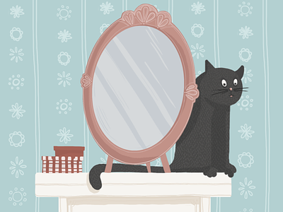 Nightstand cat illustration mirror nightstand room