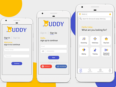 Sign In, Sign Up & Home Screen for a Pet Service App app design ui uiux ux uxuidesign