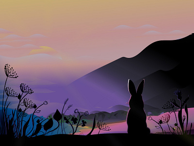 Bunny with landscape bunny daily gradients hare ilustration landscape meadow mountains sunset vector