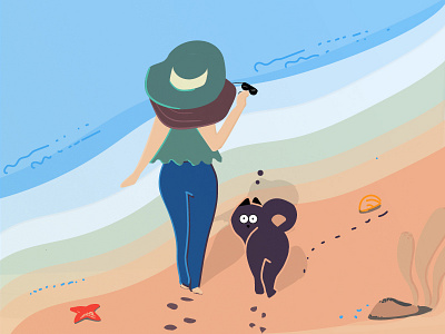 Vacation with cat beachball cat daily girl ilustration lady sea shore summer sunglasses vacation vector