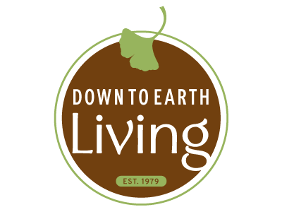 Down to Earth Living brown circle gingko green leaf logo