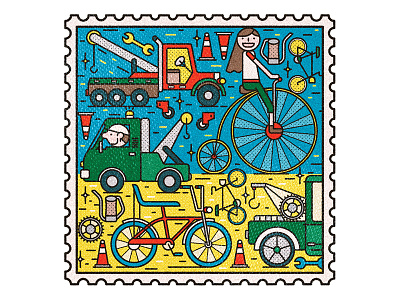 STAMPS Illustrations bicycle bike car postage stamp towing truck