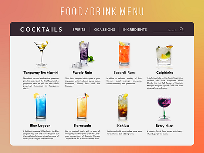 Drink Menu 043 cocktail dailyui dailyui043 drink experience food inspiration interface menu trends ui uitrends user uxui web webdesign website