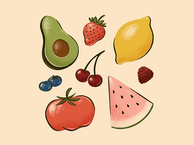 Summer Fruits digital art digital drawing digital illustration drawing food illustration fruit fruit illustration graphic design illustration mid century mid century modern procreate produce retro retro illustration spot illustration summer summer illustration vintage vintage illustration