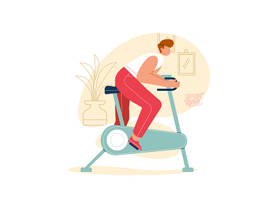 Morning exercise at Home cycling exercise flat hero image home illustration people sport