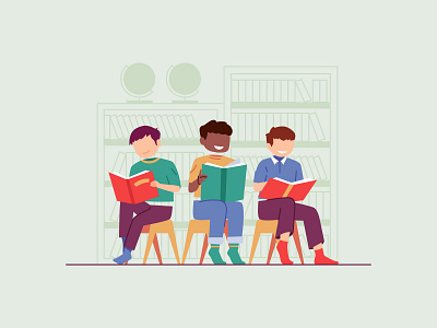 Reading in the Library Illustration cartoon character child education flat illustration kids learning library people school