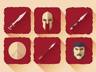 Spartan icons blade blood flat helmet icons illustration long shadow shield spartan sword vector war