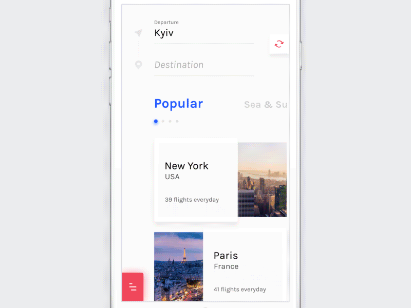 Flight Booking App – Home Transitions app appdesign clean flight booking interaction ios light mobile travel ui ux