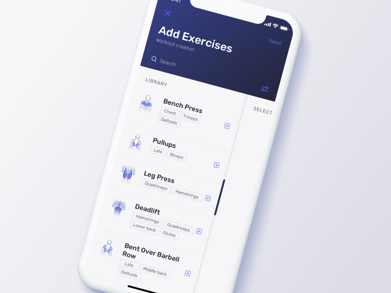 Create Workout: Add exercises fitness gym mobile multi selection multiselection product design tracker ui ux workout workout tracker