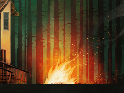 Work in progress art campfire fire forest horror mystery trees videogame