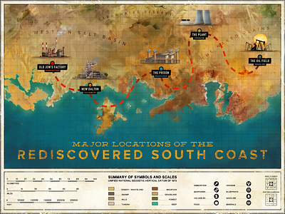 Major Locations of the Rediscovered South Coast adventure coast concept art conceptart exploration factory map nuclear postapocalyptic prison videogame vintage
