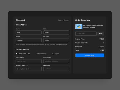 E-Learning Checkout page- Dark UI check out checkout dark theme dark ui e learning landing page landing page design payment page sleek ui ui ux uidesign ux web webdesign website design website ui