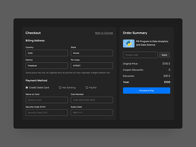 E-Learning Checkout page- Dark UI