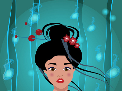 A young beautiful Japanese woman with red lips and a high hairst illustration