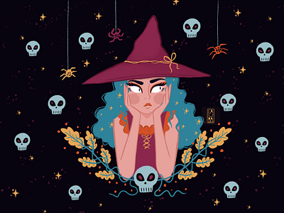 The witch with blue hair halloween halloween2019 halloweenart illustration skulls spiders witch withcy