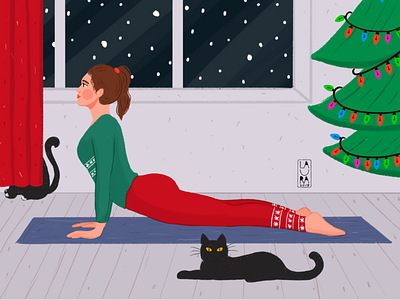 Yoga in winter blackcat cat christmas christmas tree color girl illustration procreate wintertime xmas2019 yoga