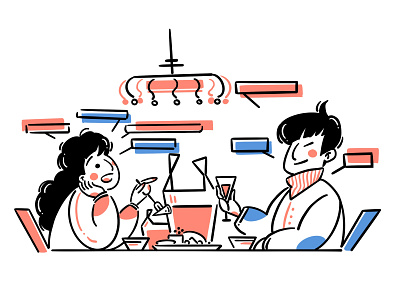 Dine together art boy character crystallamp delivery design food girl illustration man tableware talk woman
