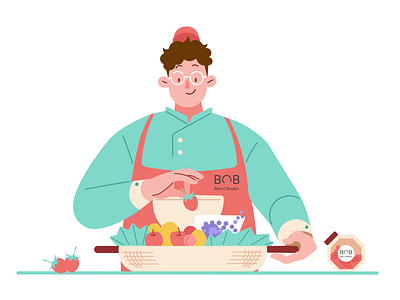 Filled with fruit apple apron art boy character design food fresh fruit fruitbasket illustration man people strawberry take out
