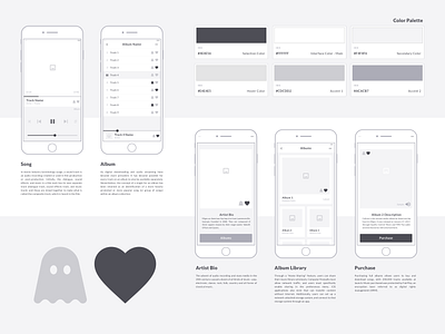 Music App Wireframe Design - Ghosty app app design brand development branding clean concept design graphic design illustration minimalism music app simple simple clean interface smartphone startup ui ux uxui vector wireframe