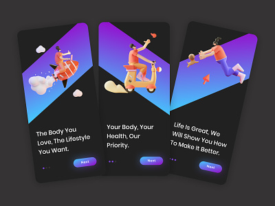 Social Wellness Onboarding Screens 3d art appdesign colorful design graphicdesign illustration interface ios social ui uixdesign ux wellness