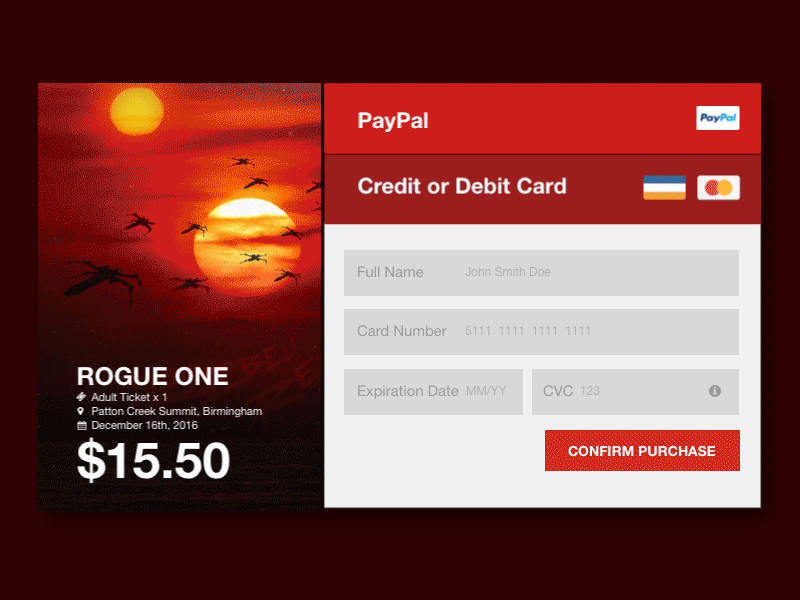 Credit Card Form, DailyUi, Day 002 after effects animation credit card dailyui movie rogue one star wars www.dailyui.co