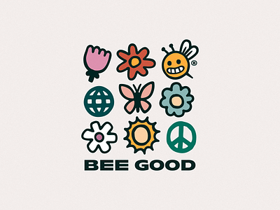 BEE PEACEFUL bee bees butterfly elements flowers globe good happy heart home honeycomb icons kindness optimism peace sun together