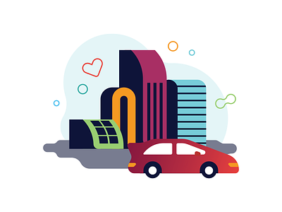 Convenient Locations, Easy Commutes bright buildings car city color flat icon illustration popular stroke transportation vector