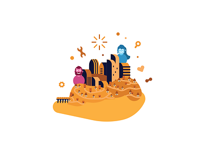 Walking on Sunshine business city confetti fireworks flat hills illustration people popular vector village yellow