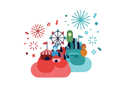 Let's get it Started blue carnival confetti ferris wheel fireworks flat illustration party people popular red vector