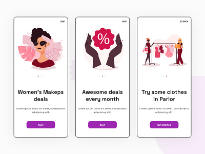 Women's parlor Onboarding Screen. android app design uiux
