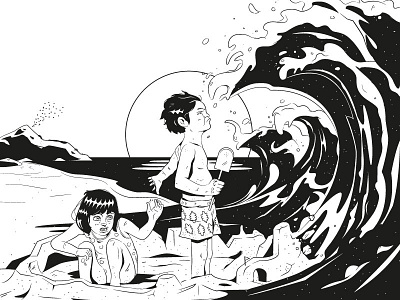 Heroes beach black and white character heroes illustration kids night tsunami wave