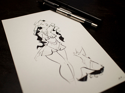 Inktober #7 beauty black and white cute fantasy fennec fox fur girl illustration ink inktober maiden