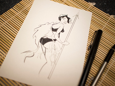 Inktober #12 black and white fish girl illustration ink inktober sexy spear swim woman